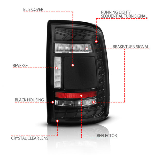 ANZO 19-24 RAM 2500/3500 Full LED Tail Lights SeqSig Black - Pair