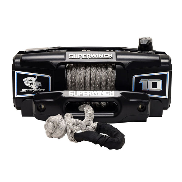 Superwinch 10000 LBS 12V DC 3/8in x 54ft Synthetic Rope Scorpion 10000SR Winch - Black Powdercoat