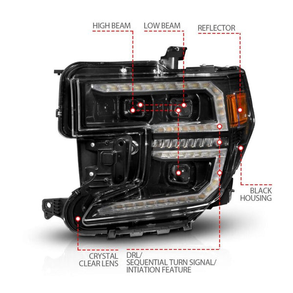 ANZO 19-21 GMC Sierra 1500 LED Projector Headlight w/Switchback+Sequential - Black