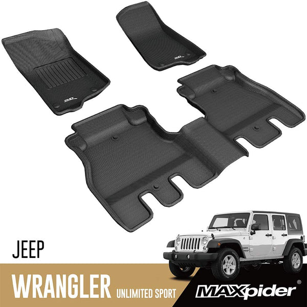 2018-21 Jeep Wrangler JLU 3D MAXpider All-Weather Floor Mats Custom Fit Car Floor Liners, Kagu Series (1st & 2nd Row, Black)