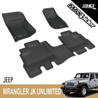 2007-18 Jeep Wrangler JKU 3D MAXpider All-Weather Floor Mats Custom Fit Car Floor Liners, Kagu Series (1st & 2nd Row, Black)