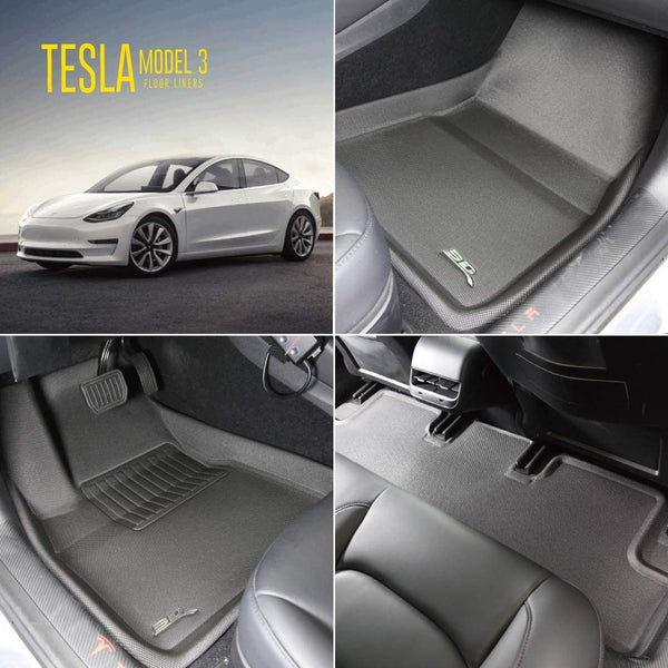 2020-21 Tesla Model 3 -3D MAXpider All-Weather Floor Mats Custom Fit Car Floor Liners, Kagu Series (1st & 2nd Row, Black)