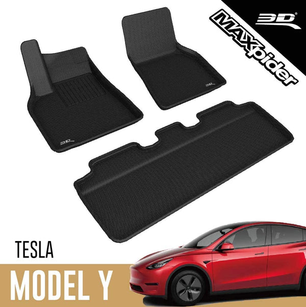 2020-21 Tesla Model Y - 3D MAXpider All-Weather Floor Mats Custom Fit Car Floor Liners, Kagu Series (1st & 2nd Row, Black)